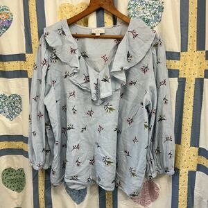 LOFT Outlet Blue Floral Ruffle Neck Long Sleeve Blouse Women's XL